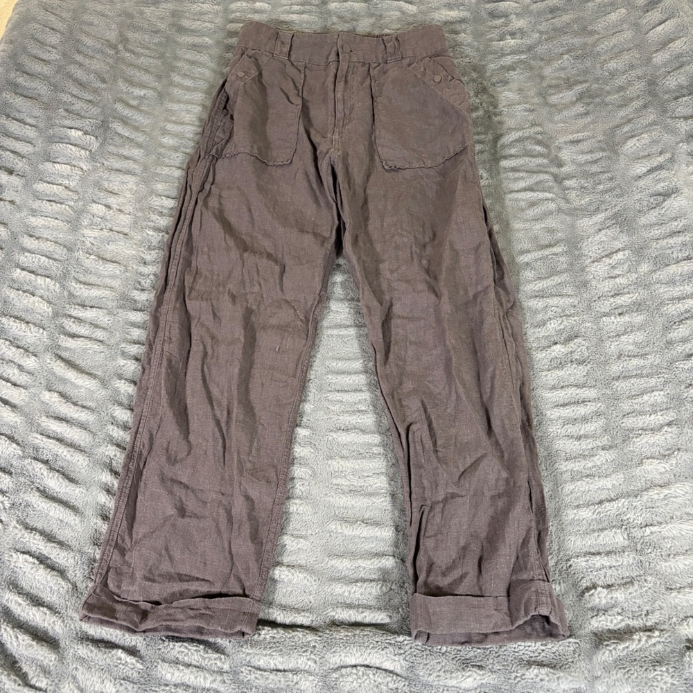 Tahari 100% Linen Cargo Pants Brown Straight Leg Elastic Waist Size Medium AR738